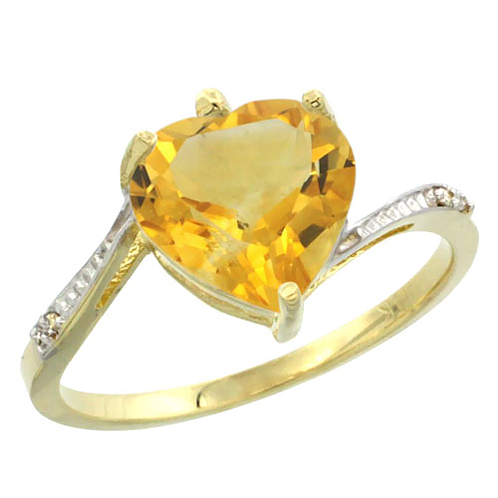 10K Yellow Gold Natural Citrine Ring Heart 9x9mm Diamond Accent, sizes 5-10