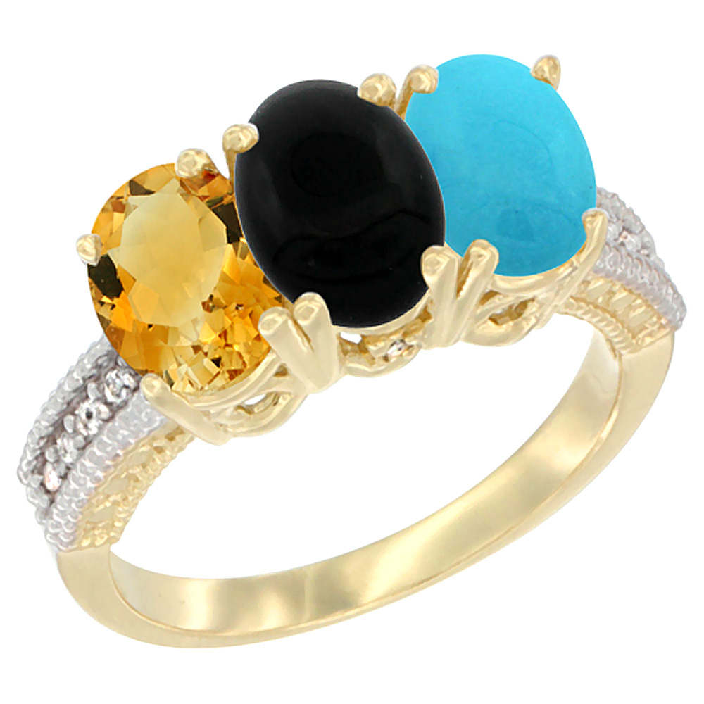 10K Yellow Gold Diamond Natural Citrine, Black Onyx &amp; Turquoise Ring 3-Stone 7x5 mm Oval, sizes 5 - 10