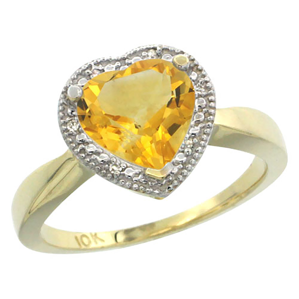 10K Yellow Gold Natural Citrine Ring Heart 8x8mm Diamond Accent, sizes 5-10