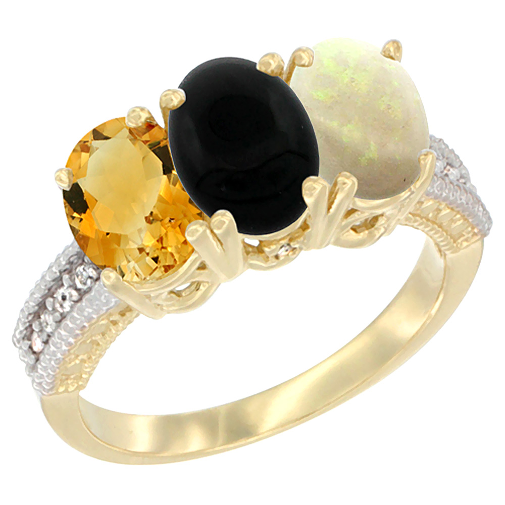 10K Yellow Gold Diamond Natural Citrine, Black Onyx & Opal Ring 3-Stone 7x5 mm Oval, sizes 5 - 10