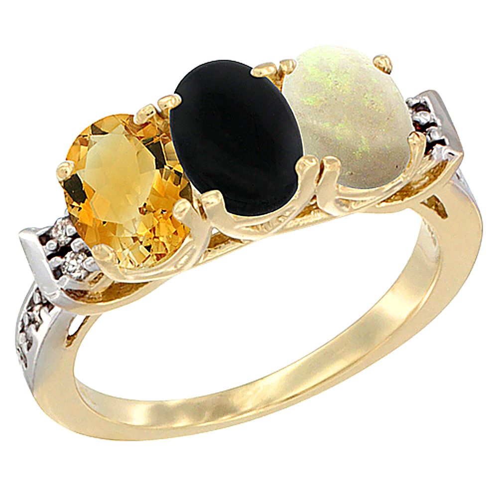 10K Yellow Gold Natural Citrine, Black Onyx &amp; Opal Ring 3-Stone Oval 7x5 mm Diamond Accent, sizes 5 - 10