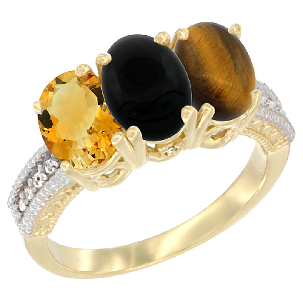 14K Yellow Gold Natural Citrine, Black Onyx &amp; Tiger Eye Ring 3-Stone 7x5 mm Oval Diamond Accent, sizes 5 - 10