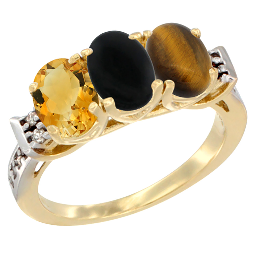 10K Yellow Gold Natural Citrine, Black Onyx & Tiger Eye Ring 3-Stone Oval 7x5 mm Diamond Accent, sizes 5 - 10