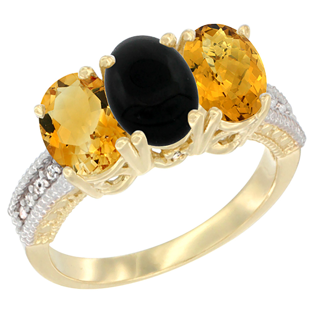 14K Yellow Gold Natural Citrine, Black Onyx &amp; Whisky Quartz Ring 3-Stone 7x5 mm Oval Diamond Accent, sizes 5 - 10
