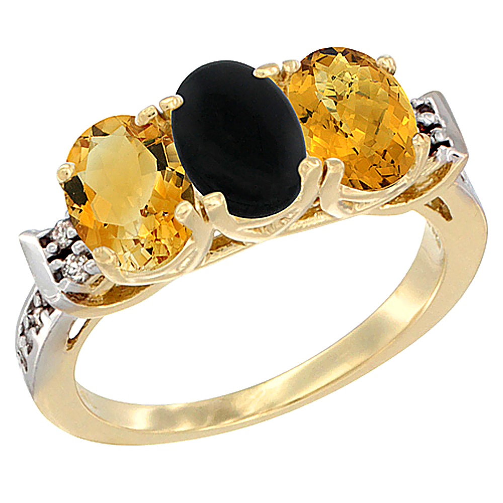 14K Yellow Gold Natural Citrine, Black Onyx &amp; Whisky Quartz Ring 3-Stone 7x5 mm Oval Diamond Accent, sizes 5 - 10