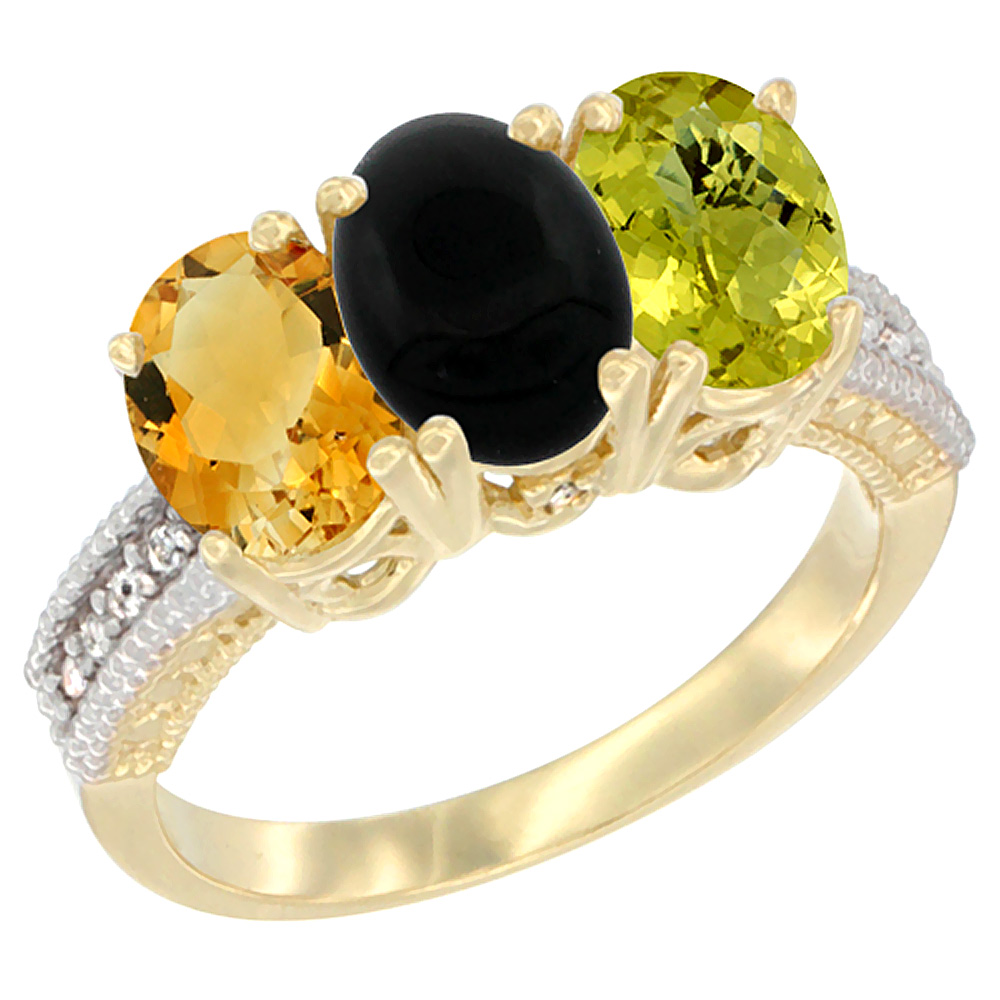 14K Yellow Gold Natural Citrine, Black Onyx &amp; Lemon Quartz Ring 3-Stone 7x5 mm Oval Diamond Accent, sizes 5 - 10