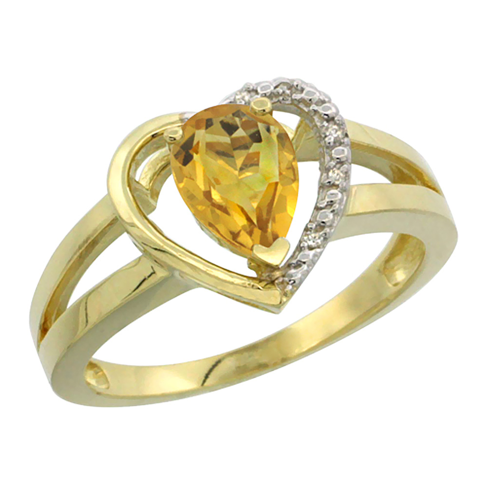10K Yellow Gold Natural Citrine Heart Ring Pear 7x5 mm Diamond Accent, sizes 5-10