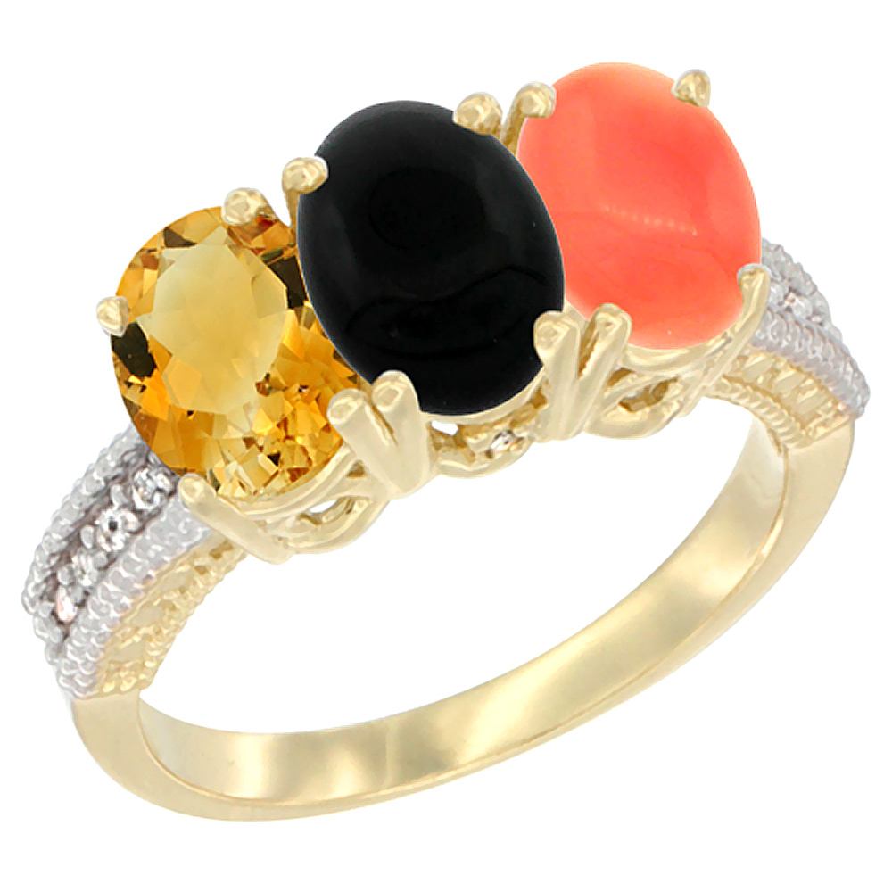 10K Yellow Gold Diamond Natural Citrine, Black Onyx & Coral Ring 3-Stone 7x5 mm Oval, sizes 5 - 10