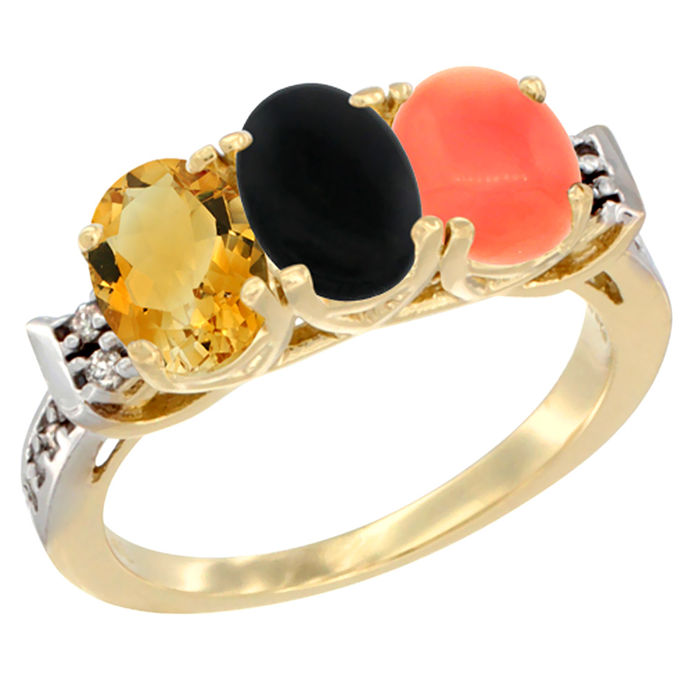 10K Yellow Gold Natural Citrine, Black Onyx &amp; Coral Ring 3-Stone Oval 7x5 mm Diamond Accent, sizes 5 - 10