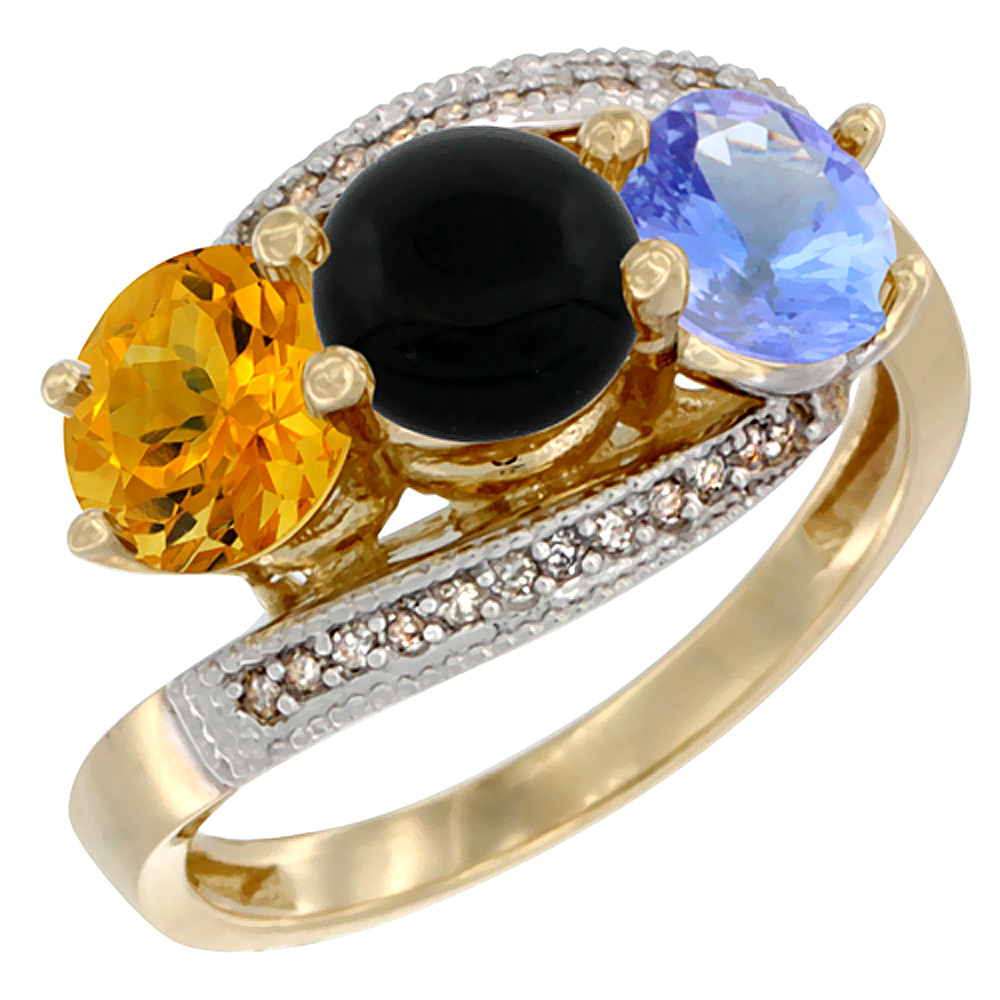 10K Yellow Gold Natural Citrine, Black Onyx &amp; Tanzanite 3 stone Ring Round 6mm Diamond Accent, sizes 5 - 10
