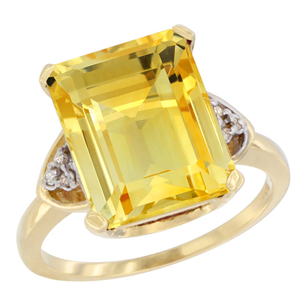 10K Yellow Gold Diamond Natural Citrine Ring Octagon 12x10 mm, sizes 5-10