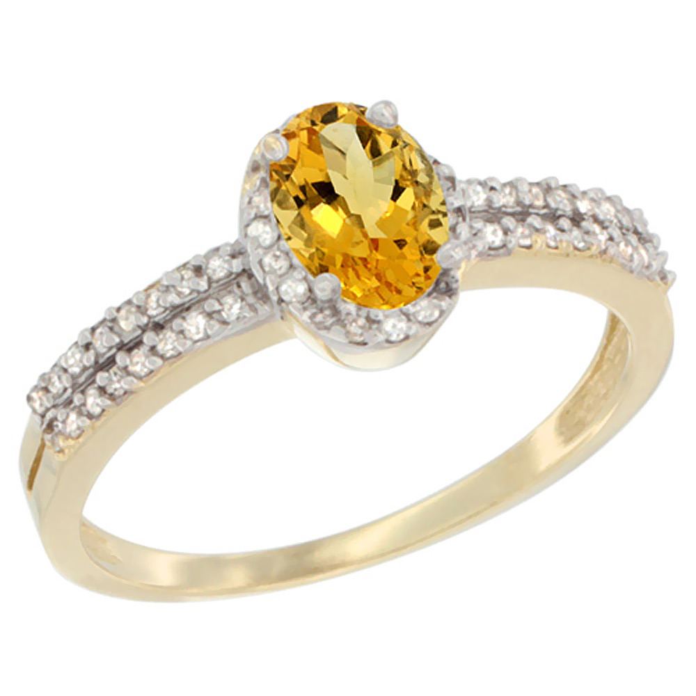 10K Yellow Gold Natural Citrine Ring Oval 6x4mm Diamond Accent, sizes 5-10