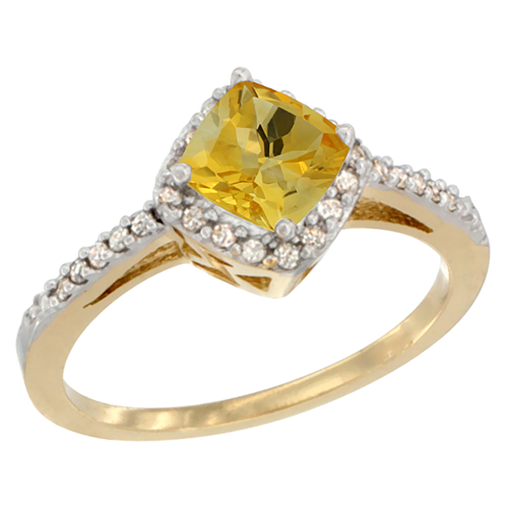10K Yellow Gold Natural Citrine Ring Cushion-cut 6mm Halo Diamond Accent, sizes 5 - 10