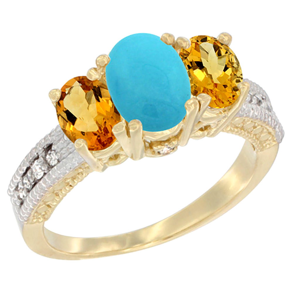 10K Yellow Gold Diamond Natural Turquoise Ring Oval 3-stone with Citrine, sizes 5 - 10