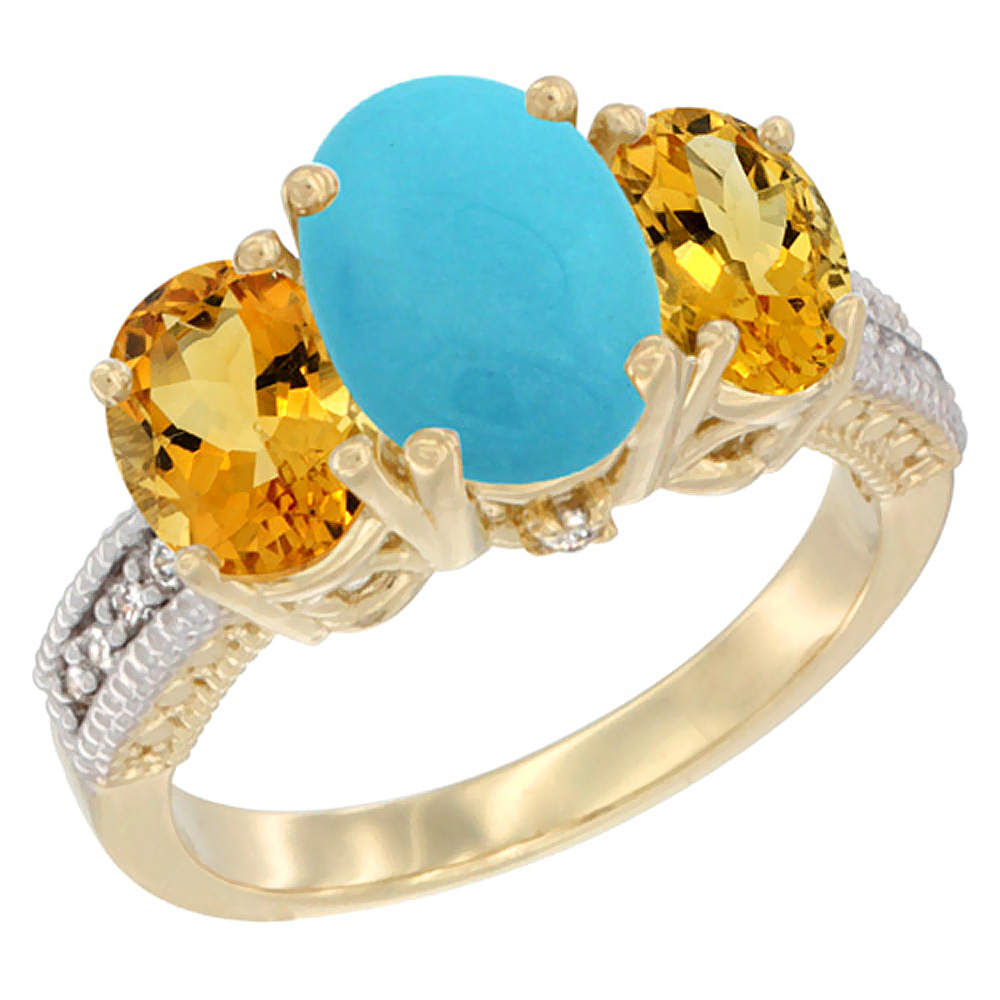 10K Yellow Gold Diamond Natural Turquoise Ring 3-Stone Oval 8x6mm with Citrine, sizes5-10