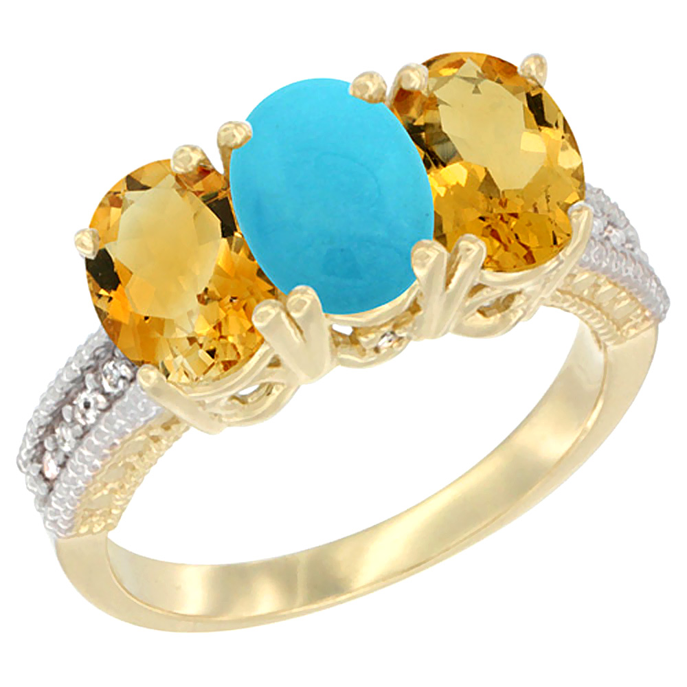 14K Yellow Gold Natural Turquoise &amp; Citrine Sides Ring 3-Stone 7x5 mm Oval Diamond Accent, sizes 5 - 10