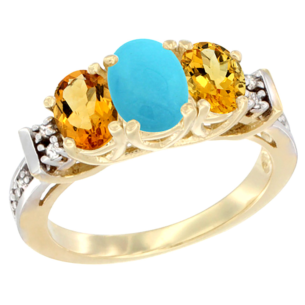 10K Yellow Gold Natural Turquoise &amp; Citrine Ring 3-Stone Oval Diamond Accent