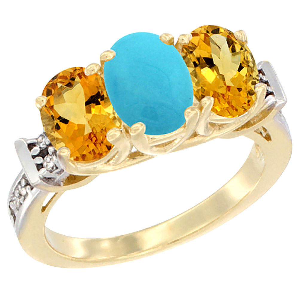 10K Yellow Gold Natural Turquoise & Citrine Sides Ring 3-Stone Oval Diamond Accent, sizes 5 - 10