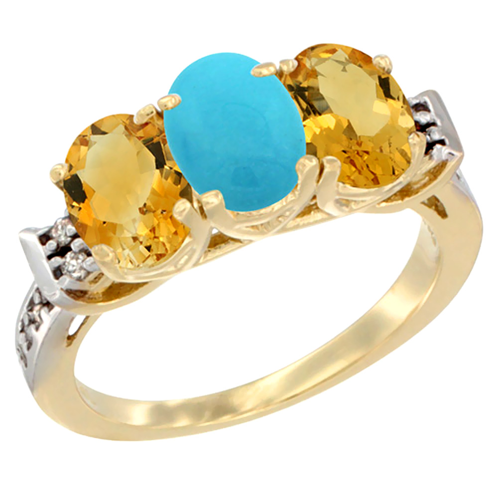 10K Yellow Gold Natural Turquoise & Citrine Sides Ring 3-Stone Oval 7x5 mm Diamond Accent, sizes 5 - 10