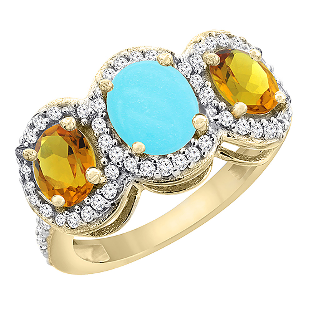 10K Yellow Gold Natural Turquoise &amp; Citrine 3-Stone Ring Oval Diamond Accent, sizes 5 - 10