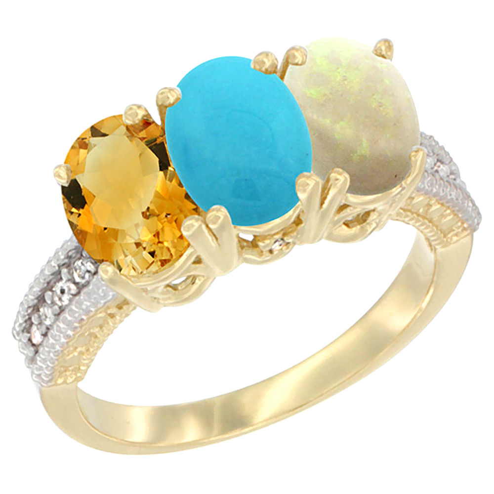 14K Yellow Gold Natural Citrine, Turquoise &amp; Opal Ring 3-Stone 7x5 mm Oval Diamond Accent, sizes 5 - 10