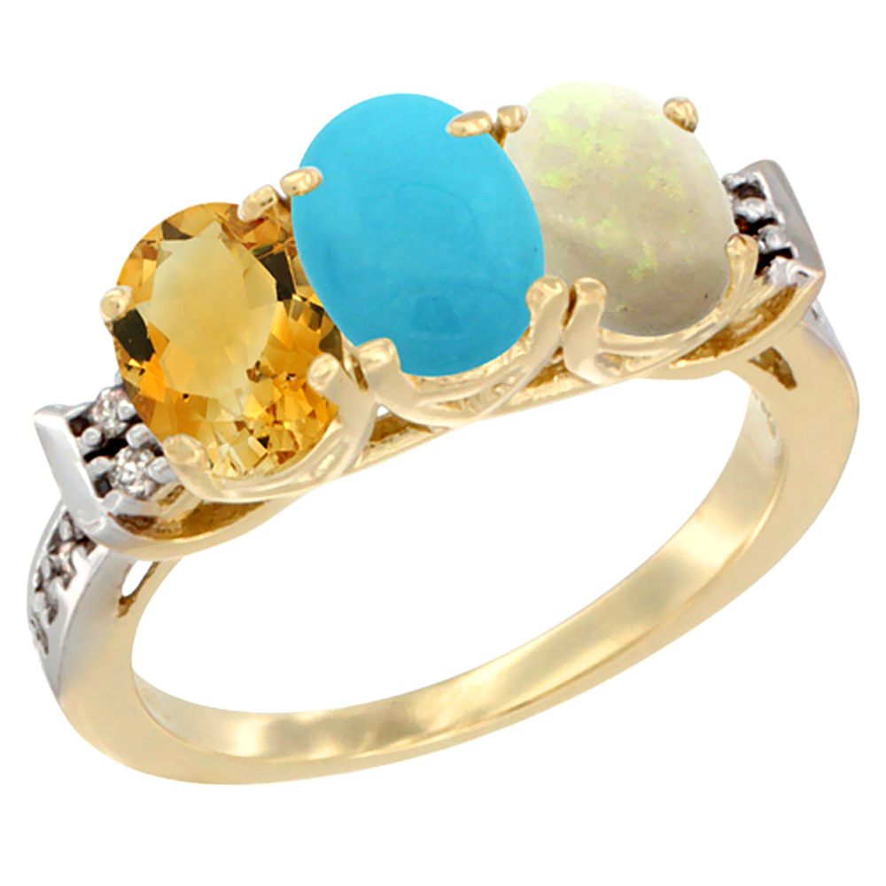 14K Yellow Gold Natural Citrine, Turquoise & Opal Ring 3-Stone 7x5 mm Oval Diamond Accent, sizes 5 - 10