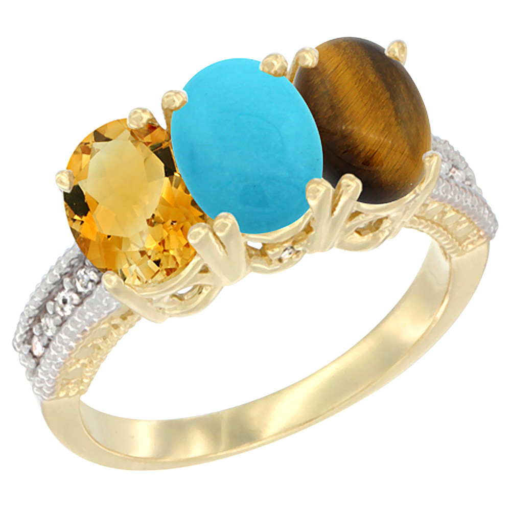 14K Yellow Gold Natural Citrine, Turquoise &amp; Tiger Eye Ring 3-Stone 7x5 mm Oval Diamond Accent, sizes 5 - 10