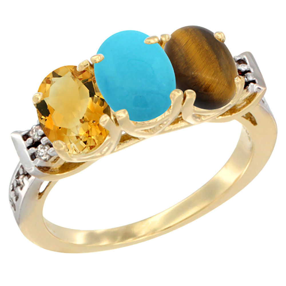 14K Yellow Gold Natural Citrine, Turquoise &amp; Tiger Eye Ring 3-Stone 7x5 mm Oval Diamond Accent, sizes 5 - 10