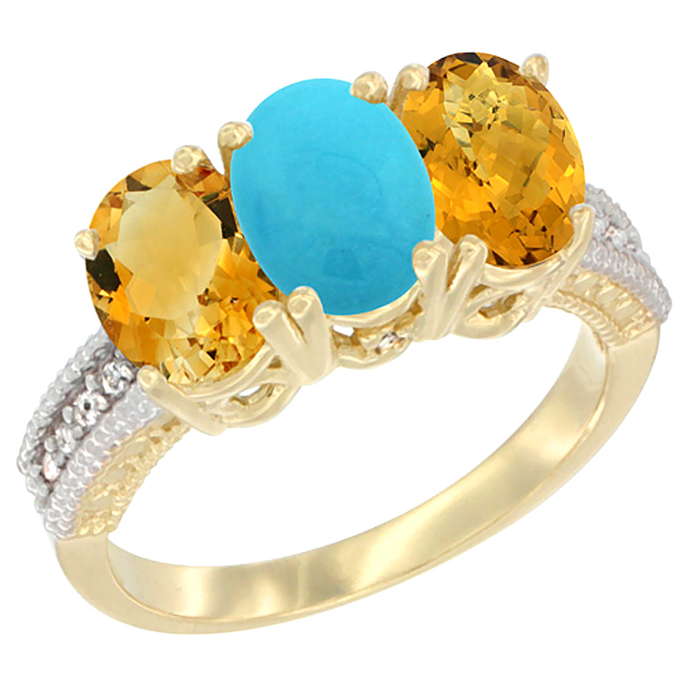 10K Yellow Gold Diamond Natural Citrine, Turquoise & Whisky Quartz Ring 3-Stone 7x5 mm Oval, sizes 5 - 10