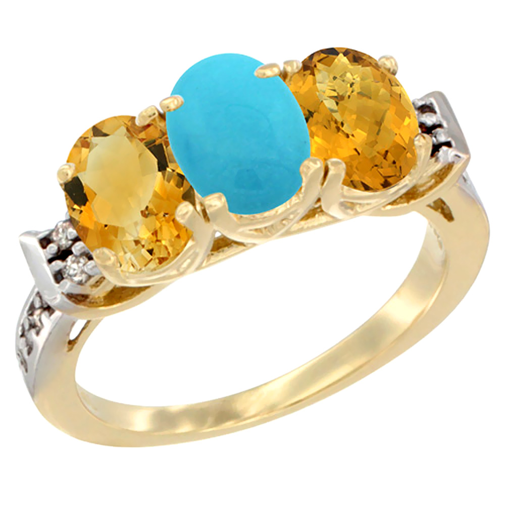 14K Yellow Gold Natural Citrine, Turquoise &amp; Whisky Quartz Ring 3-Stone 7x5 mm Oval Diamond Accent, sizes 5 - 10