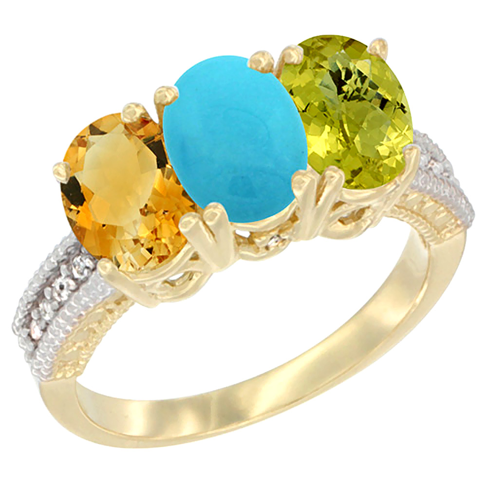 14K Yellow Gold Natural Citrine, Turquoise &amp; Lemon Quartz Ring 3-Stone 7x5 mm Oval Diamond Accent, sizes 5 - 10