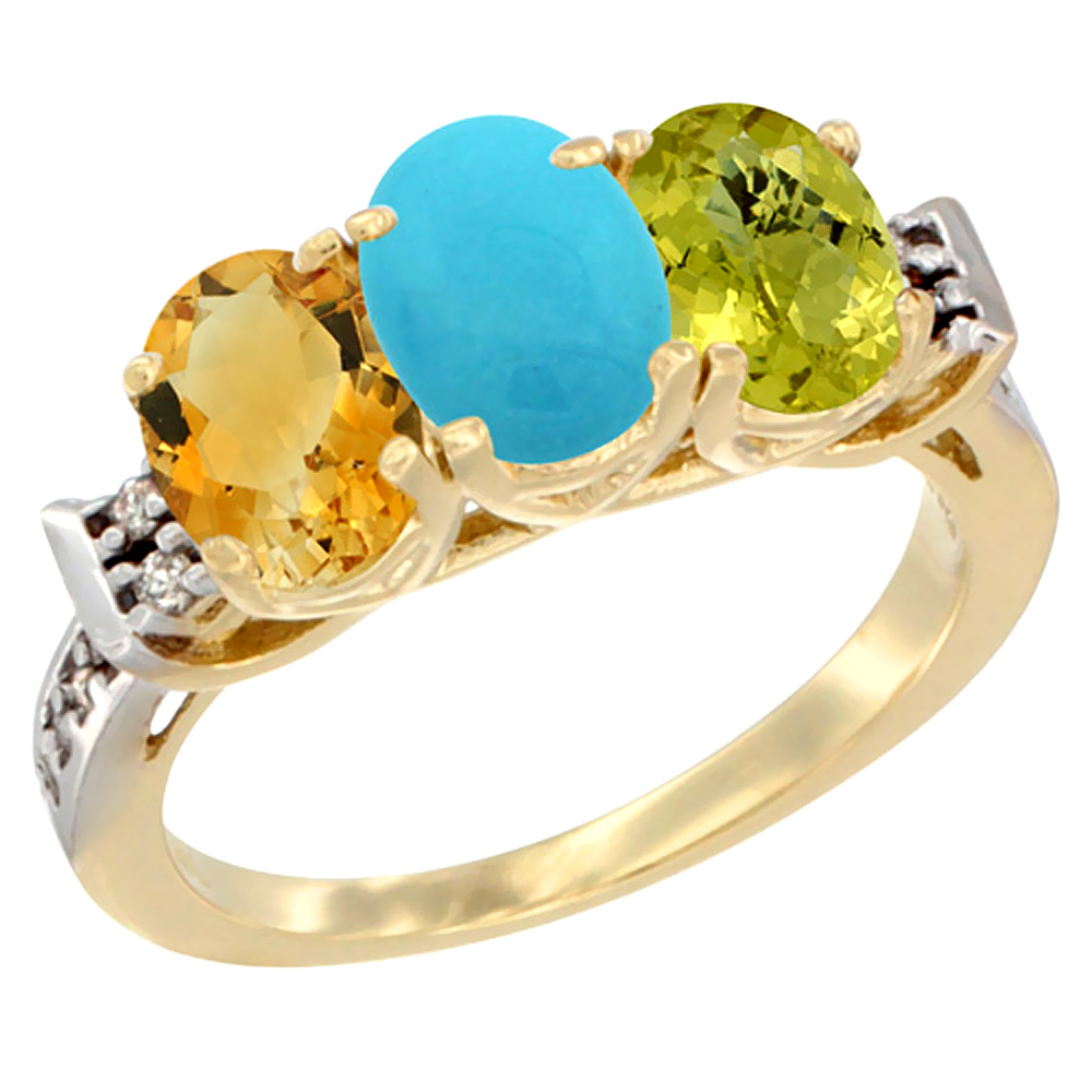 10K Yellow Gold Natural Citrine, Turquoise & Lemon Quartz Ring 3-Stone Oval 7x5 mm Diamond Accent, sizes 5 - 10