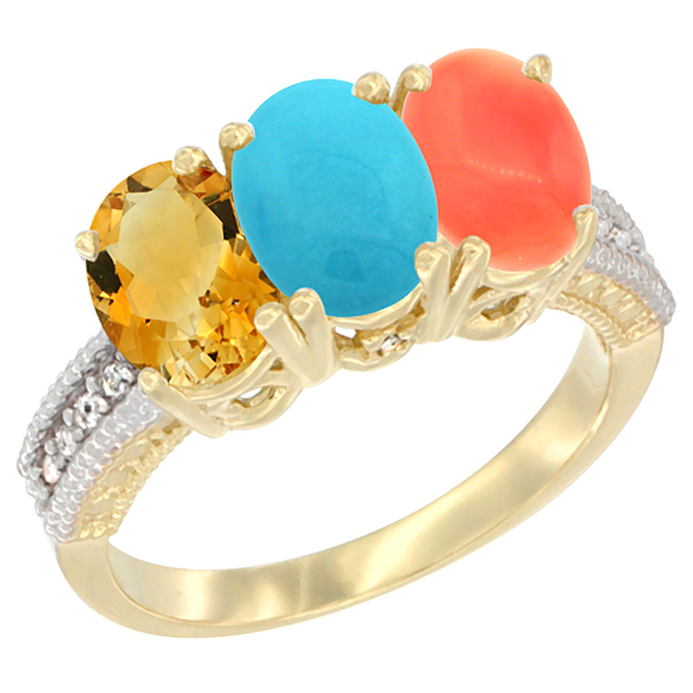 14K Yellow Gold Natural Citrine, Turquoise &amp; Coral Ring 3-Stone 7x5 mm Oval Diamond Accent, sizes 5 - 10