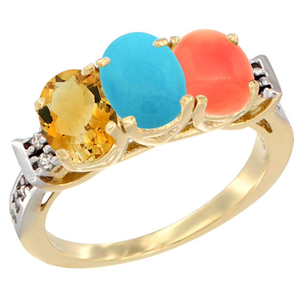 10K Yellow Gold Natural Citrine, Turquoise &amp; Coral Ring 3-Stone Oval 7x5 mm Diamond Accent, sizes 5 - 10