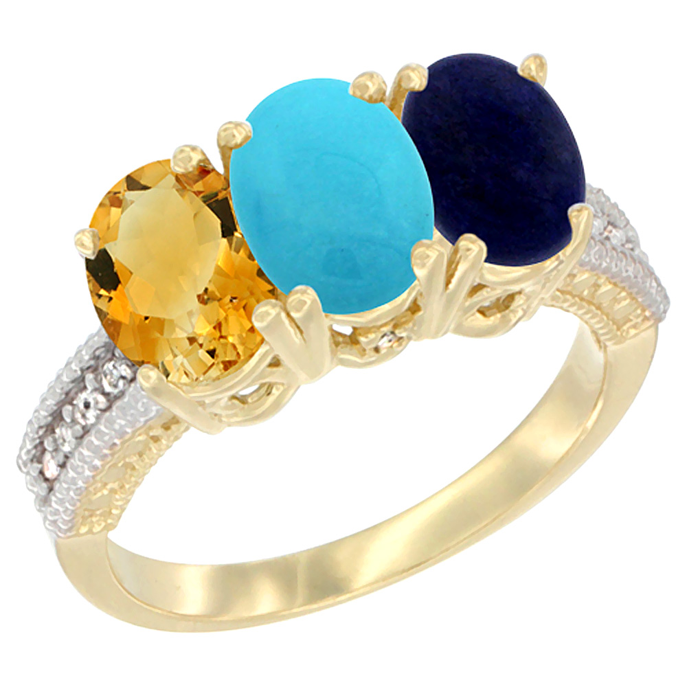 10K Yellow Gold Diamond Natural Citrine, Turquoise &amp; Lapis Ring 3-Stone 7x5 mm Oval, sizes 5 - 10