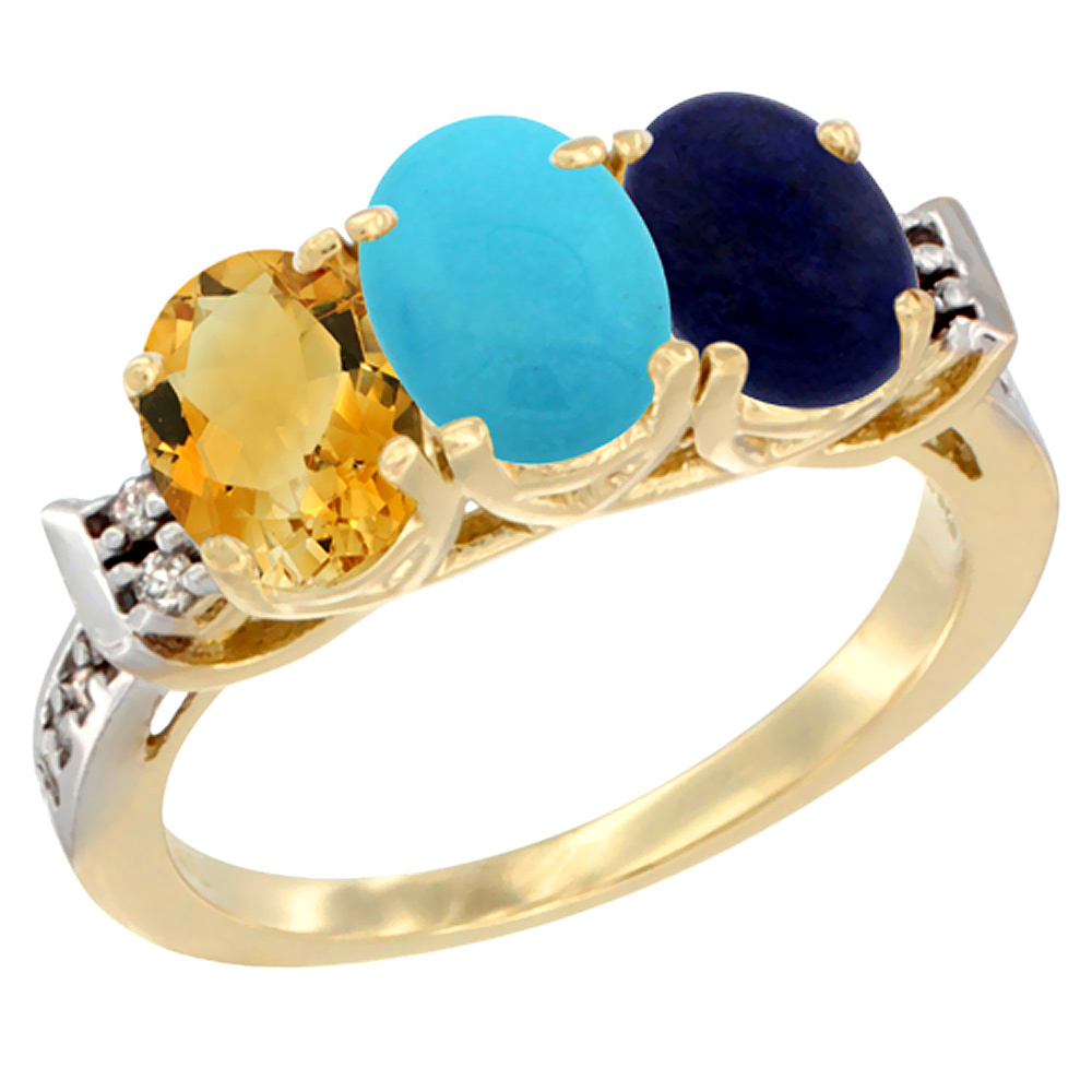 14K Yellow Gold Natural Citrine, Turquoise & Lapis Ring 3-Stone 7x5 mm Oval Diamond Accent, sizes 5 - 10