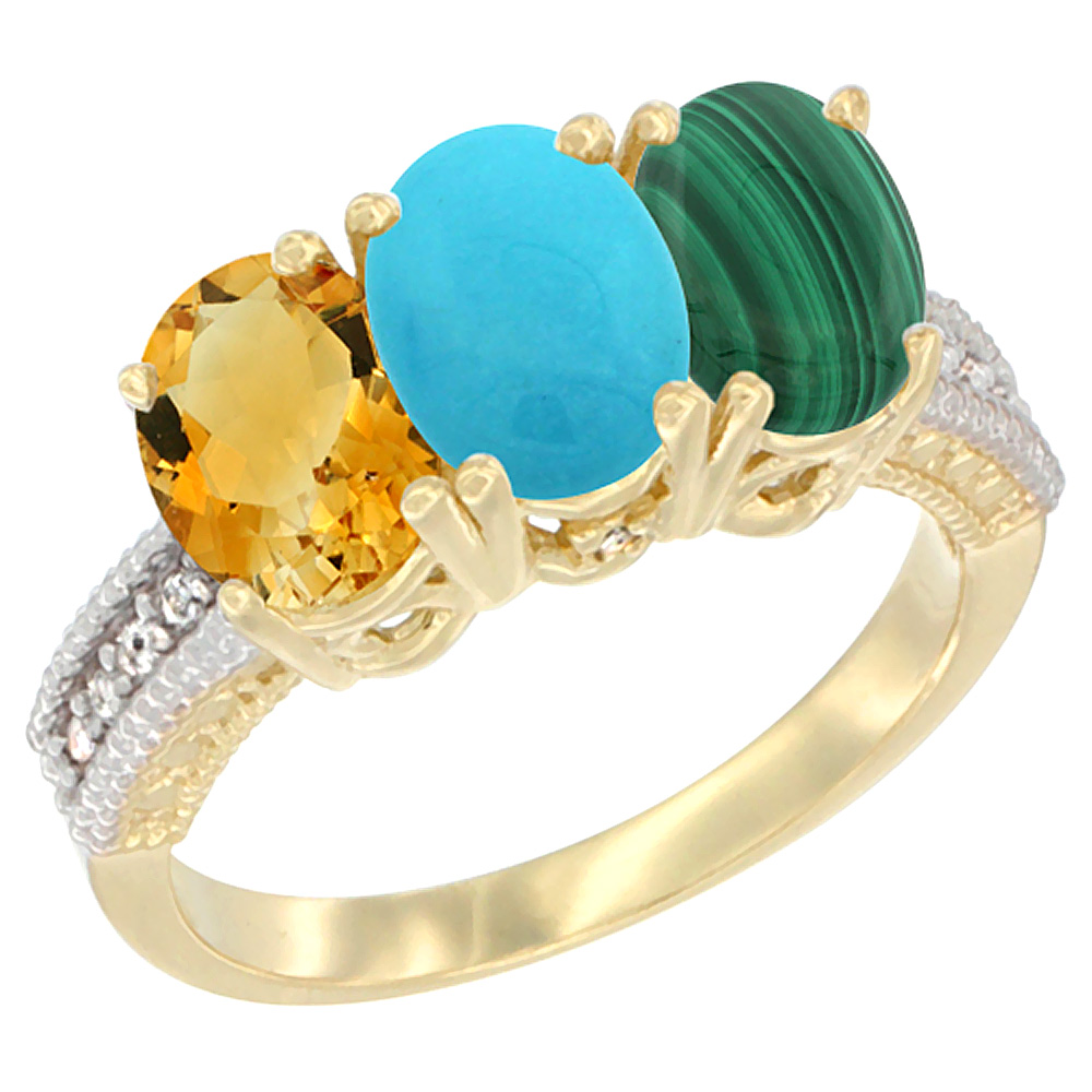 14K Yellow Gold Natural Citrine, Turquoise &amp; Malachite Ring 3-Stone 7x5 mm Oval Diamond Accent, sizes 5 - 10