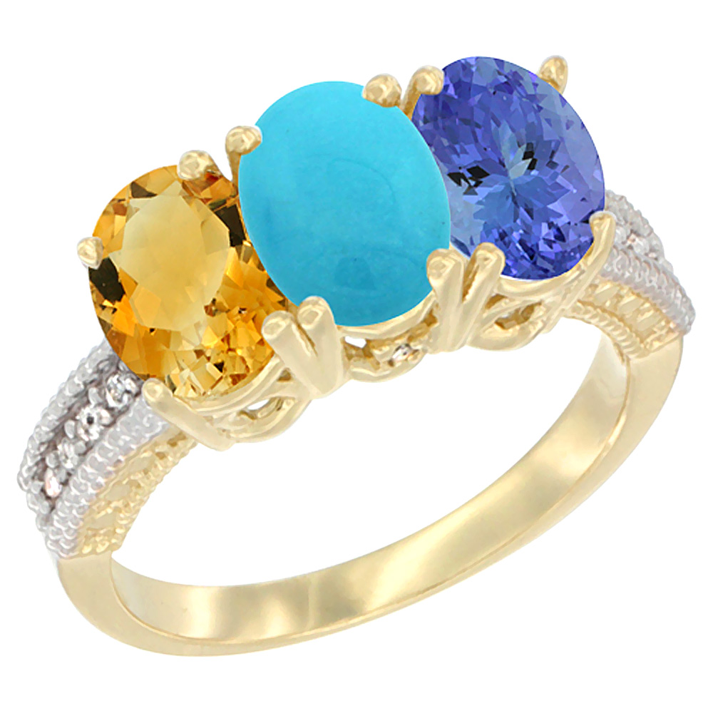 10K Yellow Gold Diamond Natural Citrine, Turquoise &amp; Tanzanite Ring 3-Stone 7x5 mm Oval, sizes 5 - 10