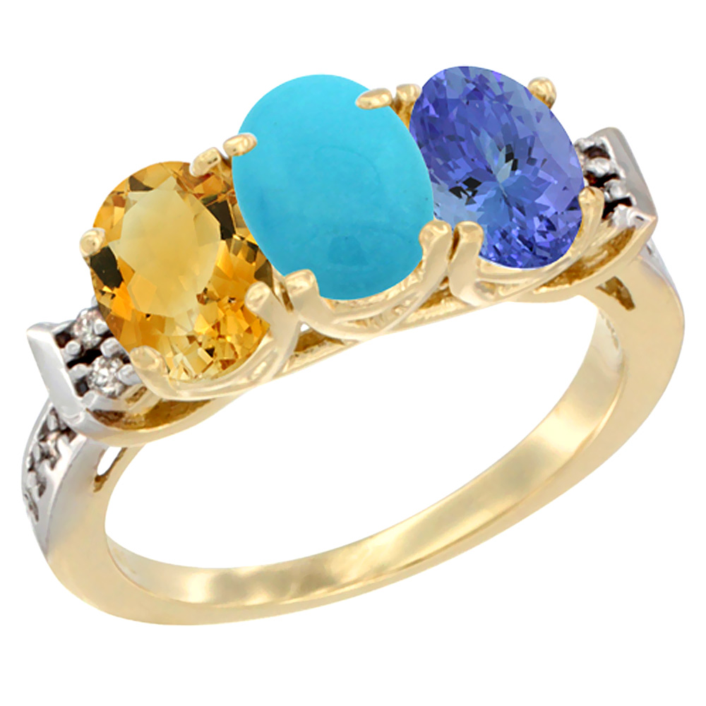 10K Yellow Gold Natural Citrine, Turquoise & Tanzanite Ring 3-Stone Oval 7x5 mm Diamond Accent, sizes 5 - 10