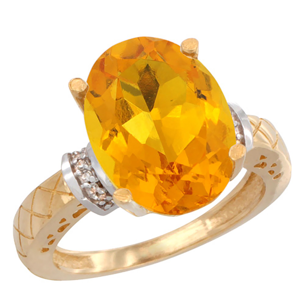 10K Yellow Gold Diamond Natural Citrine Ring Oval 14x10mm, sizes 5-10