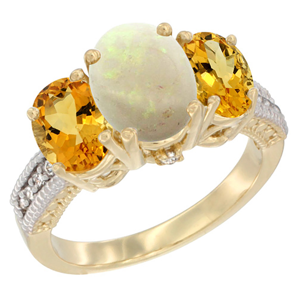 10K Yellow Gold Diamond Natural Opal Ring 3-Stone Oval 8x6mm with Citrine, sizes5-10
