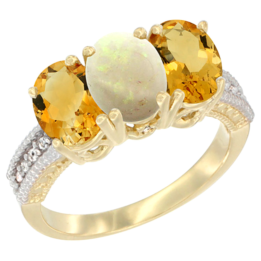 14K Yellow Gold Natural Opal &amp; Citrine Sides Ring 3-Stone 7x5 mm Oval Diamond Accent, sizes 5 - 10