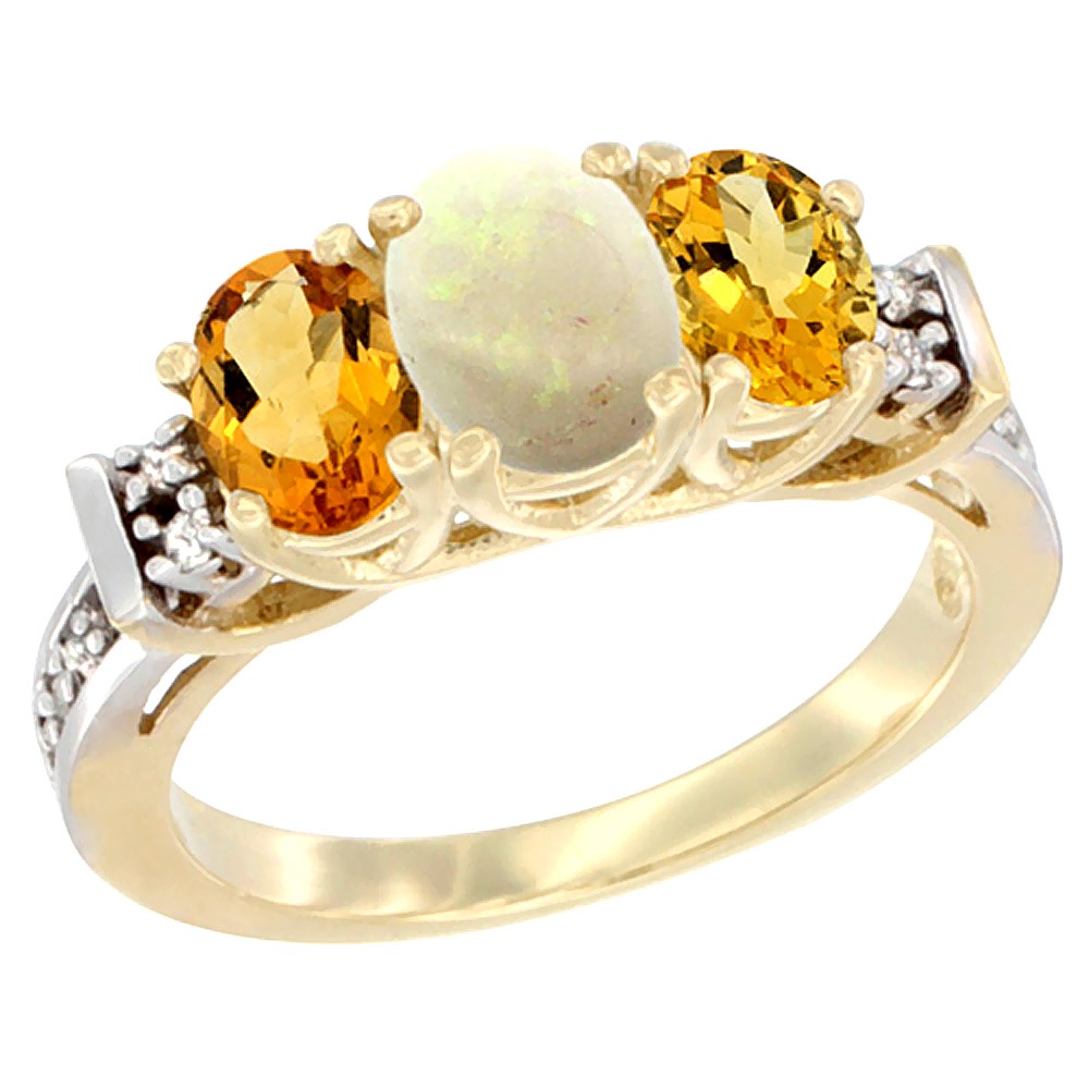10K Yellow Gold Natural Opal &amp; Citrine Ring 3-Stone Oval Diamond Accent