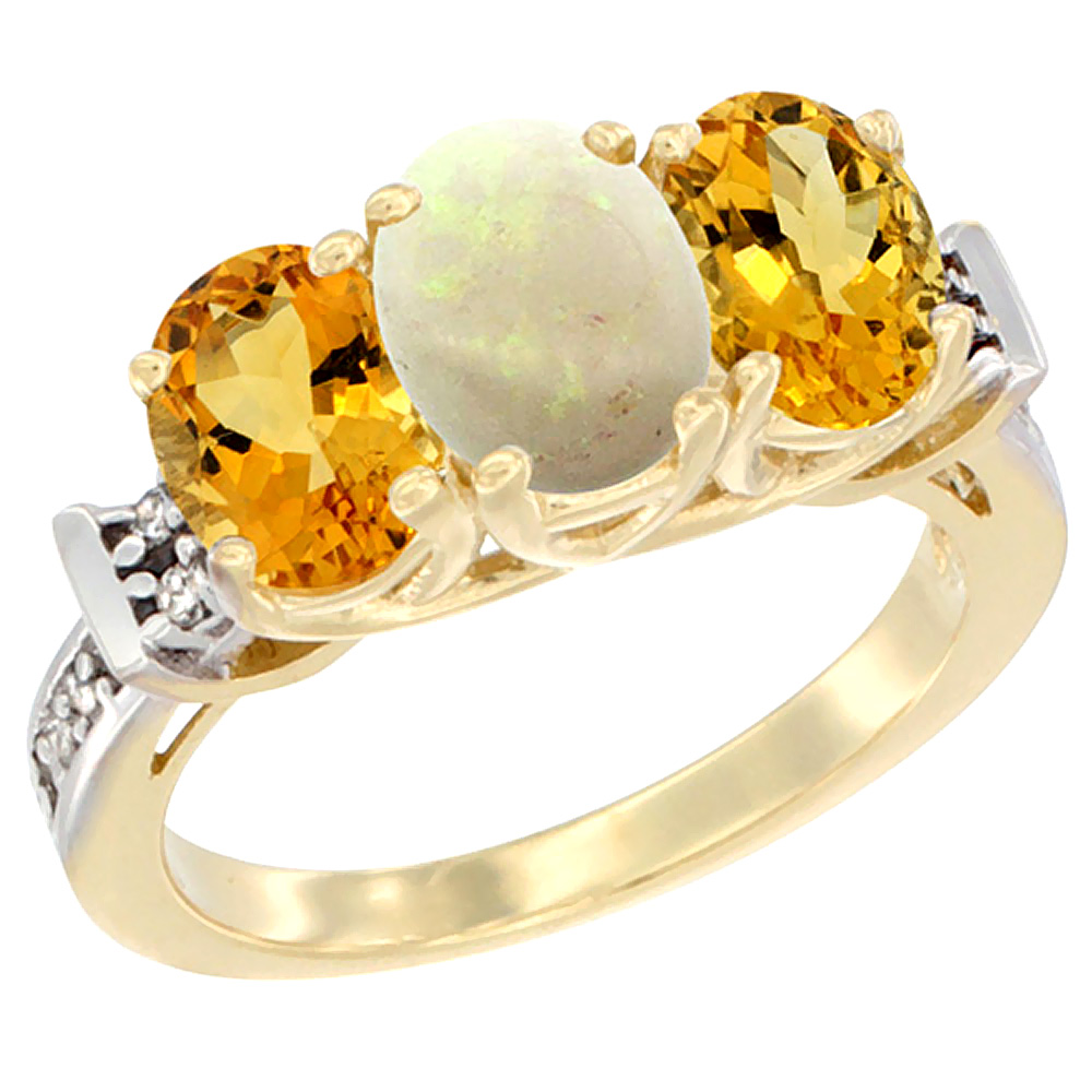 14K Yellow Gold Natural Opal &amp; Citrine Sides Ring 3-Stone Oval Diamond Accent, sizes 5 - 10