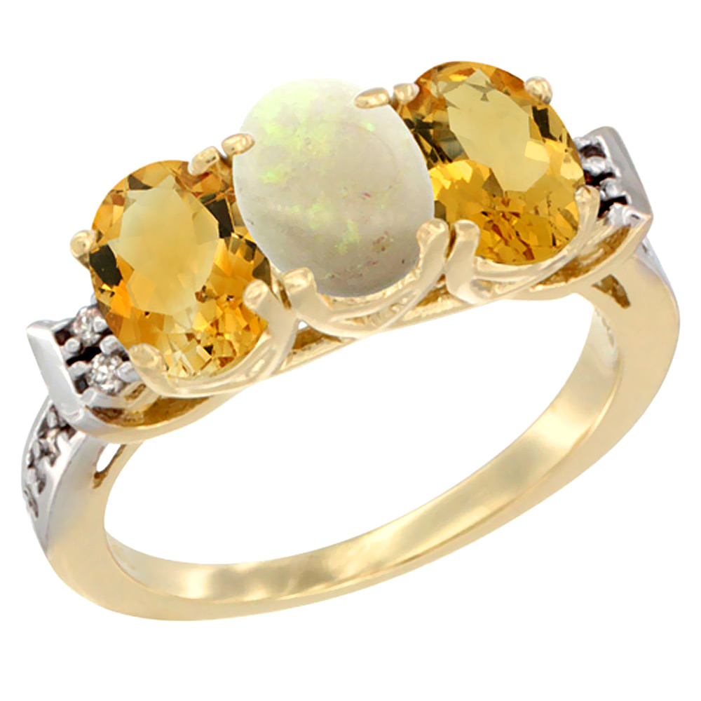 14K Yellow Gold Natural Opal &amp; Citrine Sides Ring 3-Stone 7x5 mm Oval Diamond Accent, sizes 5 - 10