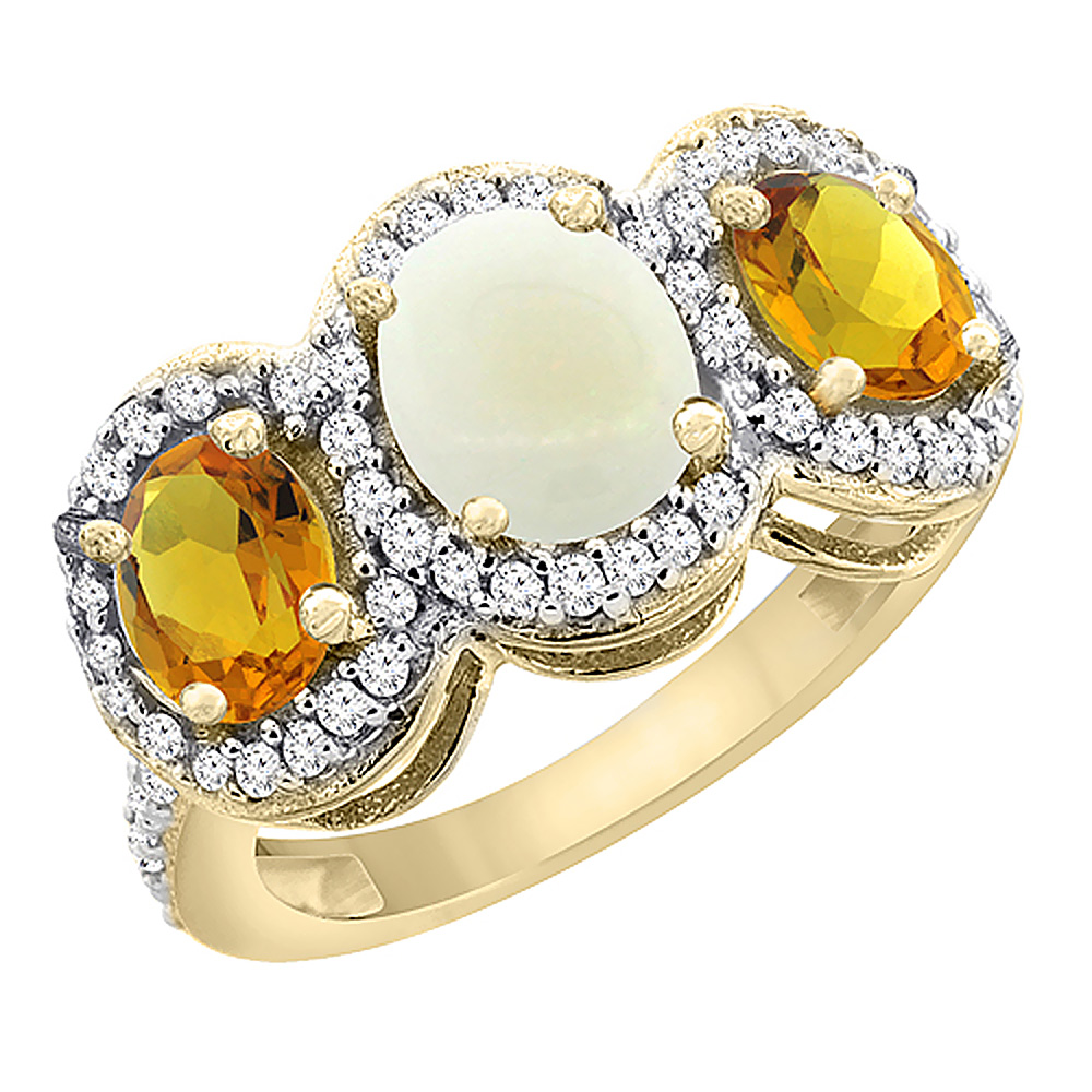 14K Yellow Gold Natural Opal & Citrine 3-Stone Ring Oval Diamond Accent, sizes 5 - 10