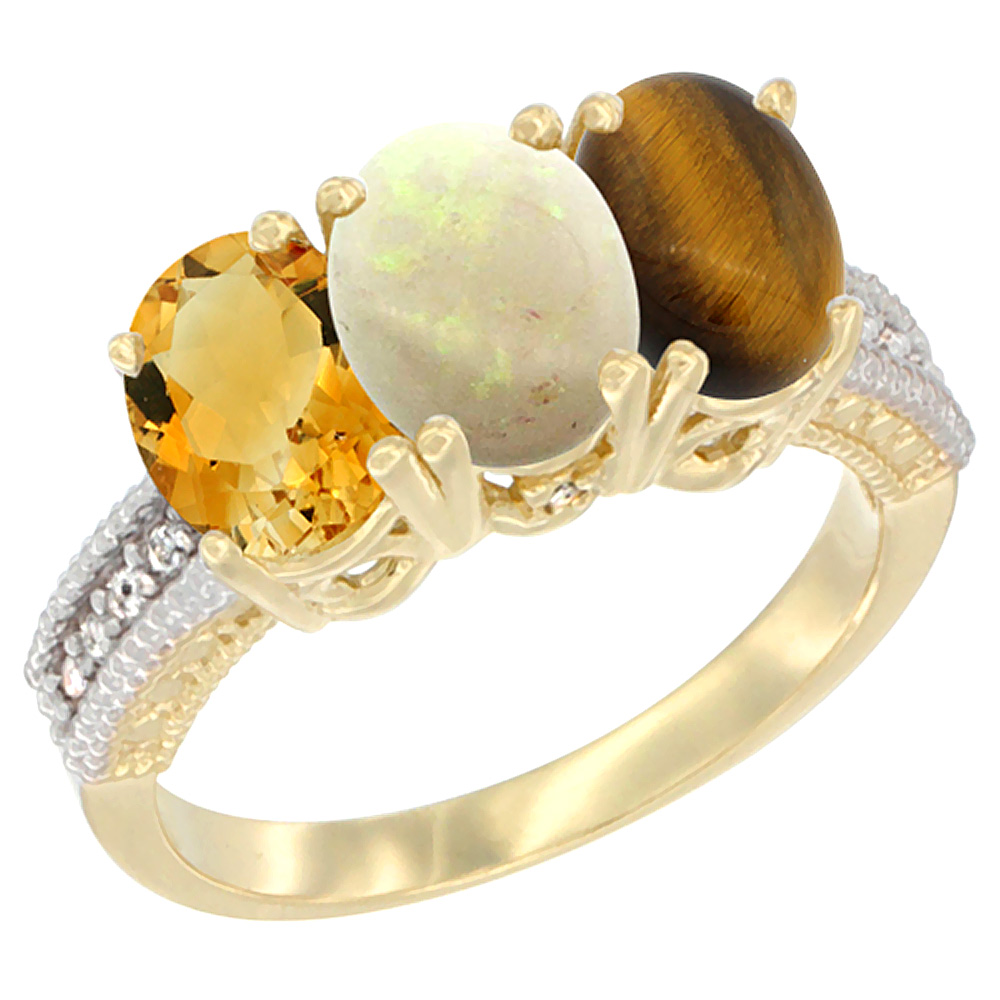 14K Yellow Gold Natural Citrine, Opal & Tiger Eye Ring 3-Stone 7x5 mm Oval Diamond Accent, sizes 5 - 10