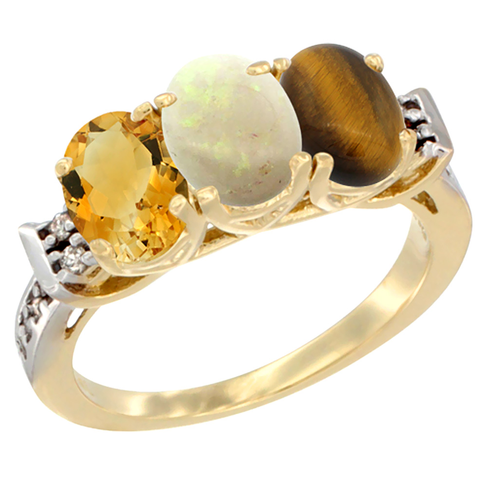 10K Yellow Gold Natural Citrine, Opal &amp; Tiger Eye Ring 3-Stone Oval 7x5 mm Diamond Accent, sizes 5 - 10