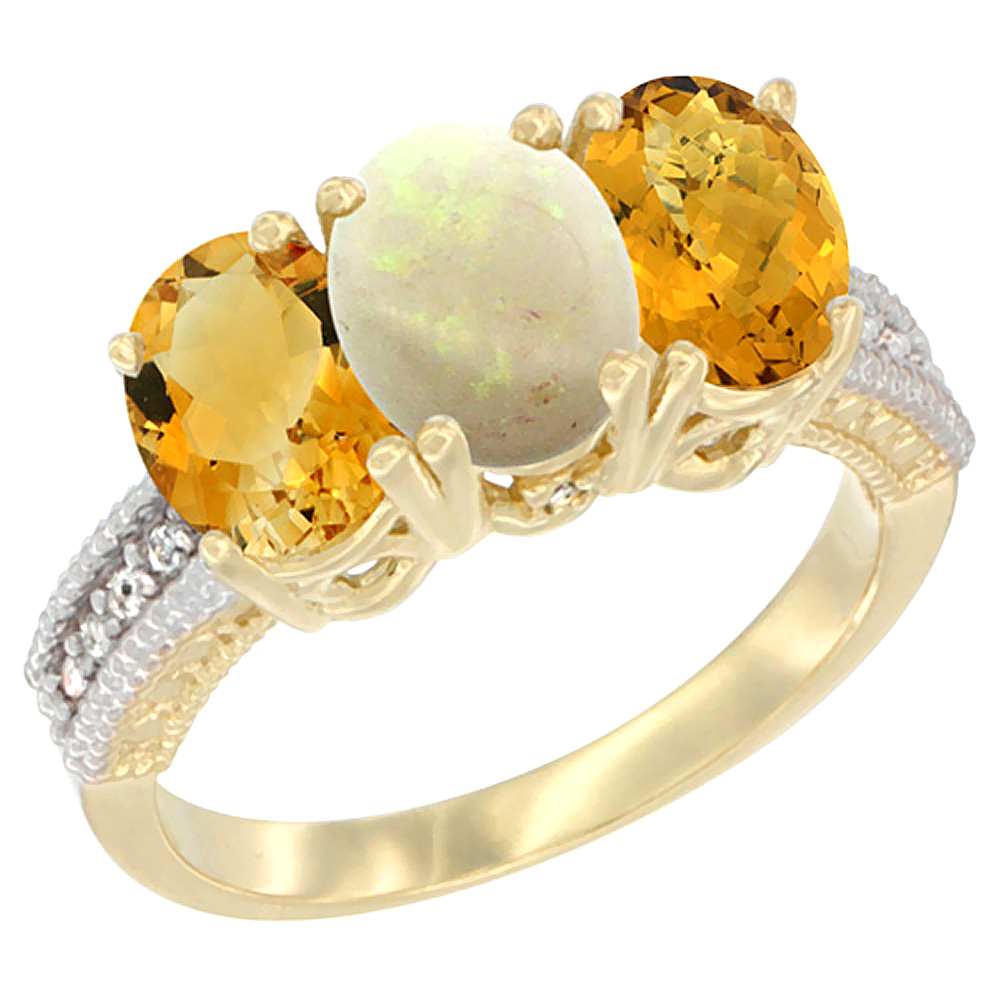 14K Yellow Gold Natural Citrine, Opal &amp; Whisky Quartz Ring 3-Stone 7x5 mm Oval Diamond Accent, sizes 5 - 10