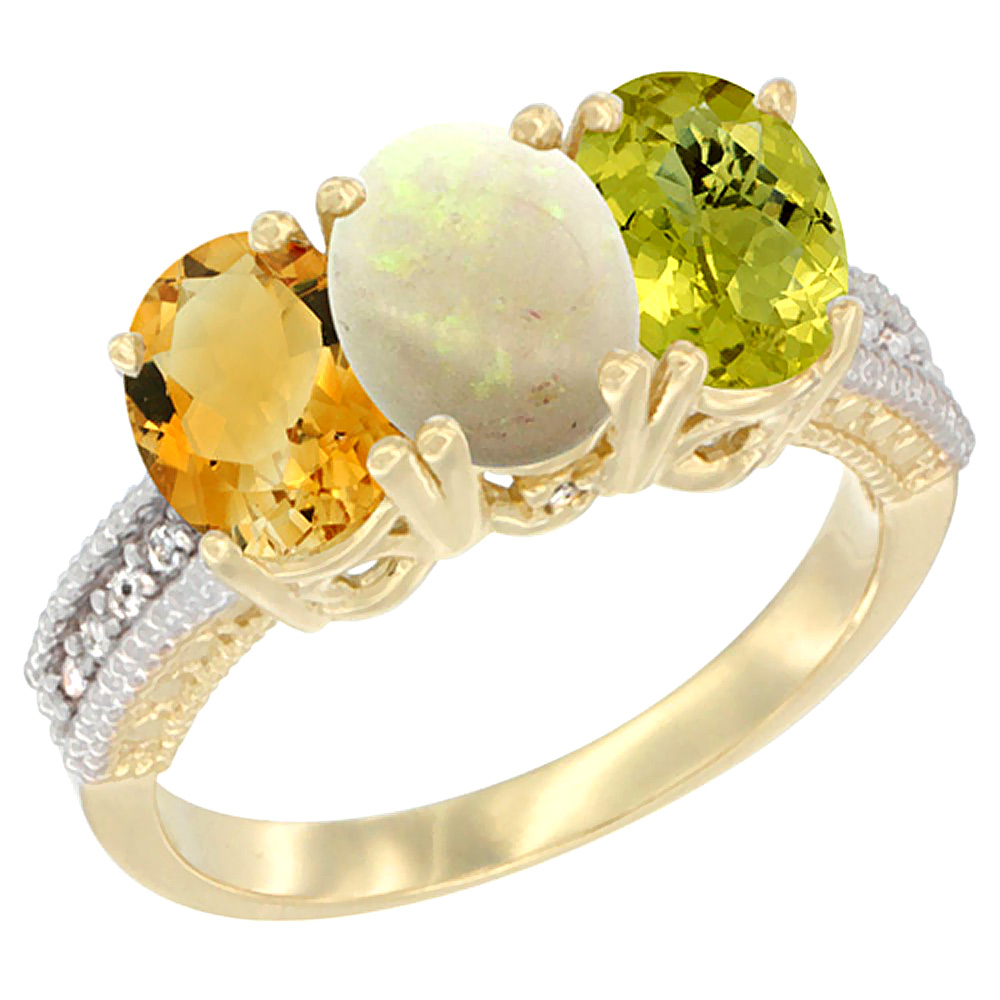 14K Yellow Gold Natural Citrine, Opal & Lemon Quartz Ring 3-Stone 7x5 mm Oval Diamond Accent, sizes 5 - 10